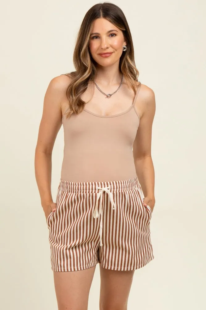 Mocha Drawstring Waist Striped Maternity Shorts sold by Pinkblush