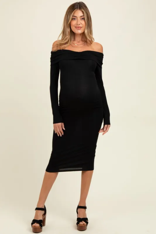 Black Ruched Off Shoulder Maternity Dress sold by Pinkblush