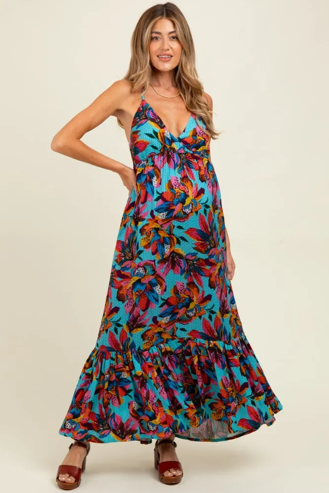 Multicolor Floral Deep V-Neck Halter Maternity Maxi Dress sold by Pinkblush