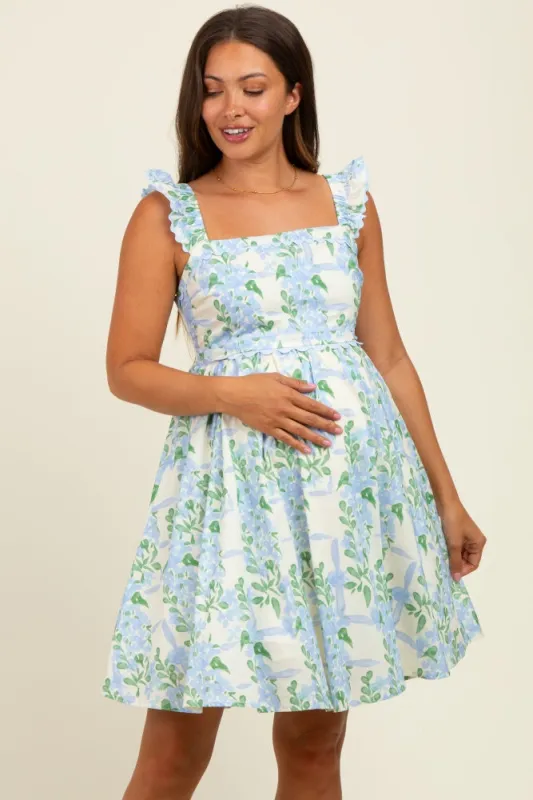 Blue Floral Print Smocked Back Maternity Dress sold by Pinkblush