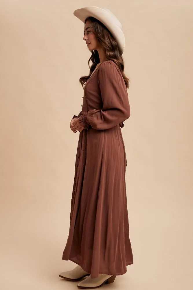 Brown Lace Detail Button Down Maxi Dress sold by Pinkblush product image thumbnail 3