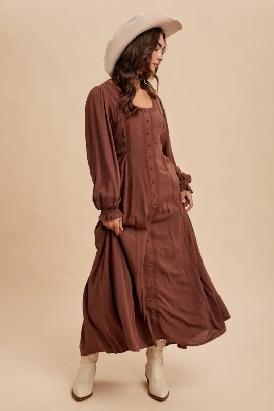 Brown Lace Detail Button Down Maxi Dress sold by Pinkblush