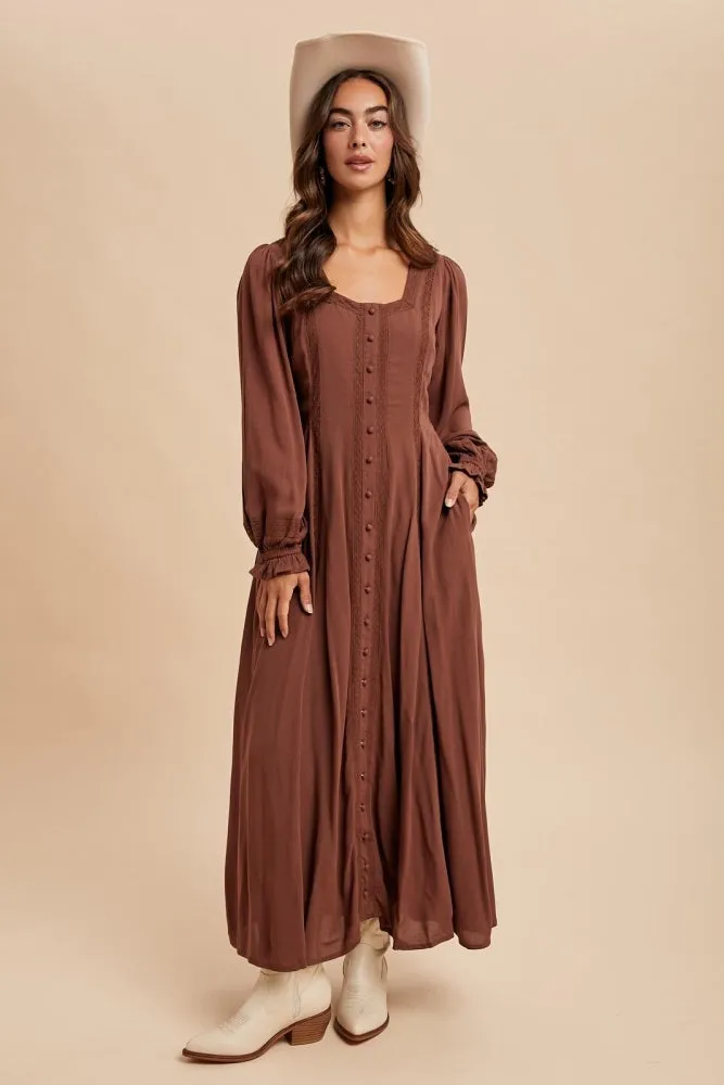 Brown Lace Detail Button Down Maxi Dress sold by Pinkblush product image thumbnail 2