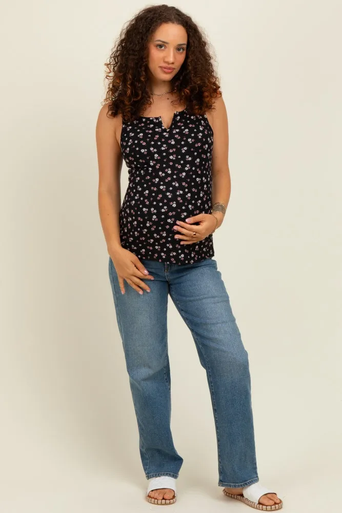 Black Floral Ribbed Split Neck Maternity Tank Top sold by Pinkblush product image thumbnail 2