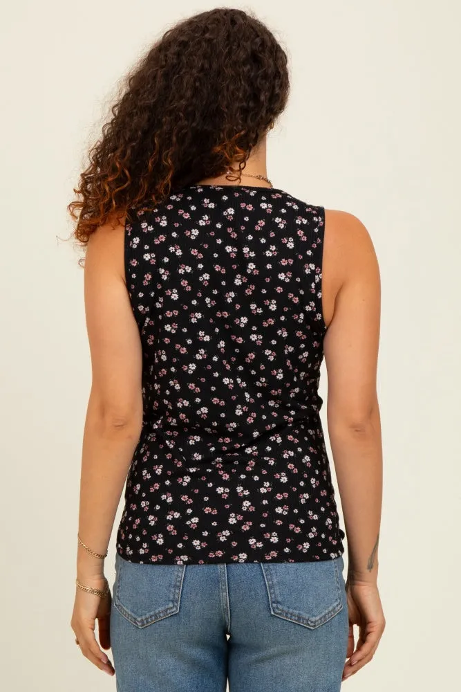 Black Floral Ribbed Split Neck Maternity Tank Top sold by Pinkblush product image thumbnail 3