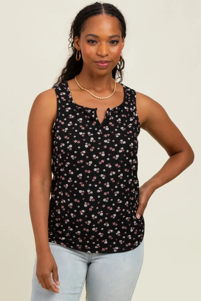 Black Floral Ribbed Split Neck Maternity Tank Top sold by Pinkblush product image thumbnail 4