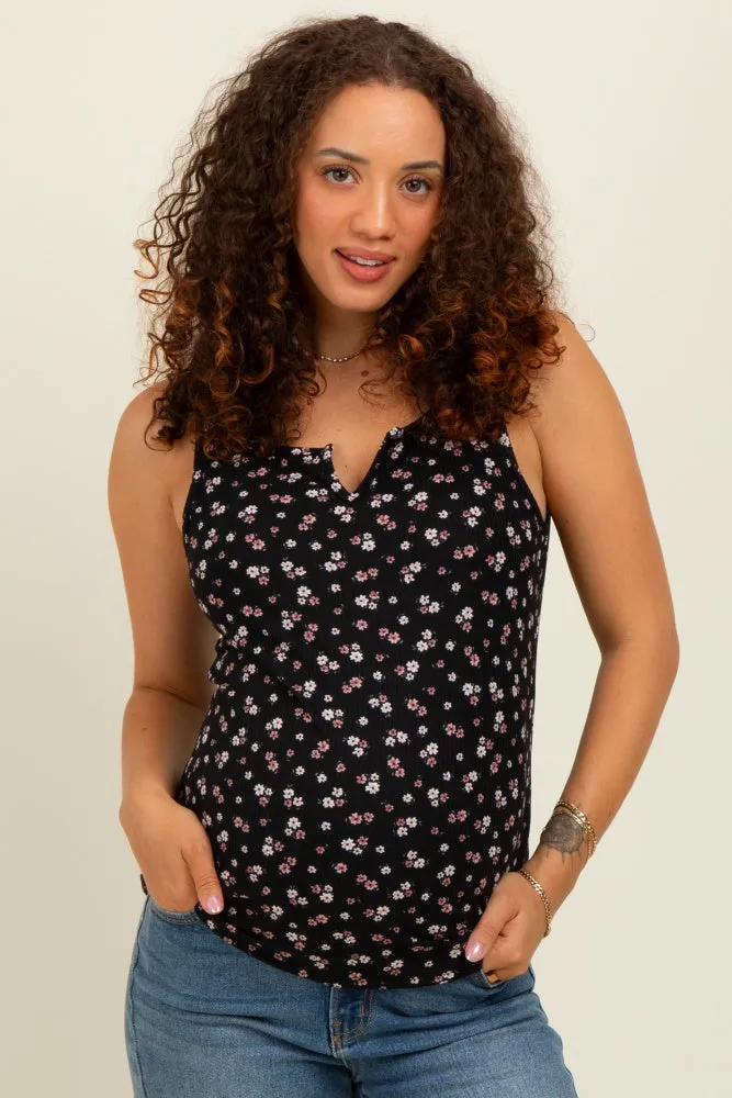 Black Floral Ribbed Split Neck Maternity Tank Top sold by Pinkblush