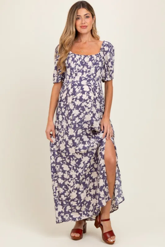 Periwinkle Smocked Waist Front Slit Maternity Maxi Dress sold by Pinkblush