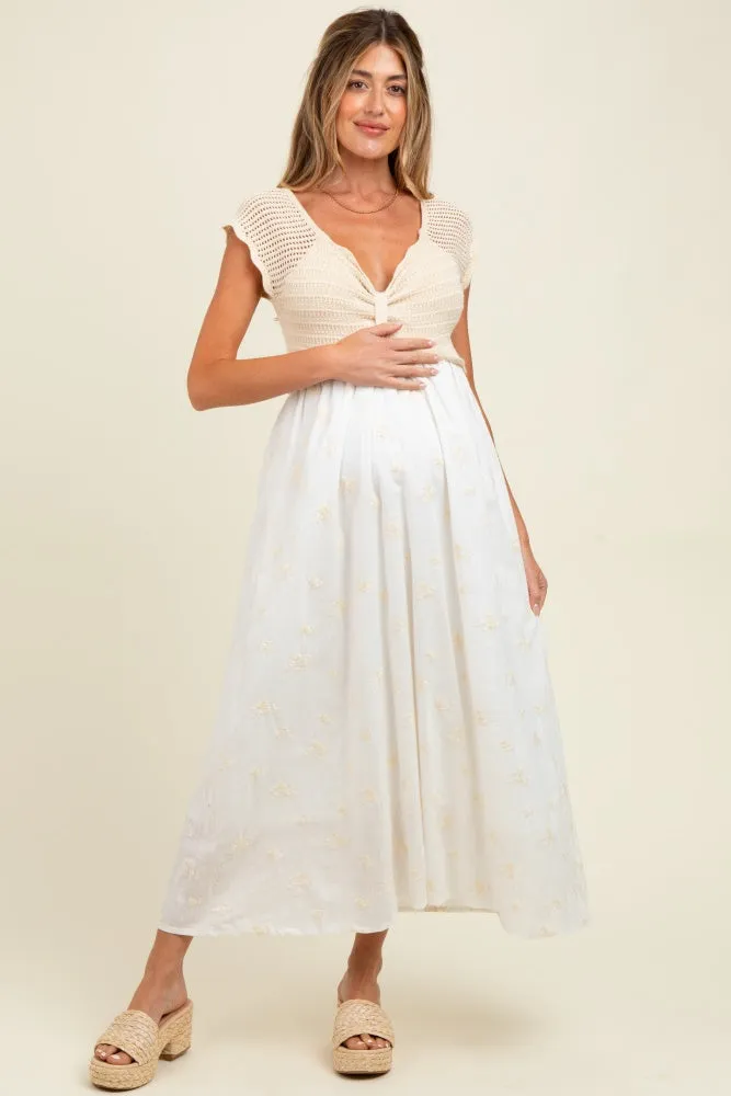 Ivory Crochet Sweater Floral Embroidery Maternity Midi Dress sold by Pinkblush