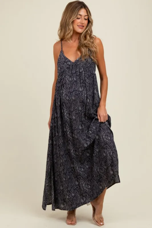 Navy Paisley Print Sleeveless Side Slit Maternity Maxi Dress sold by Pinkblush