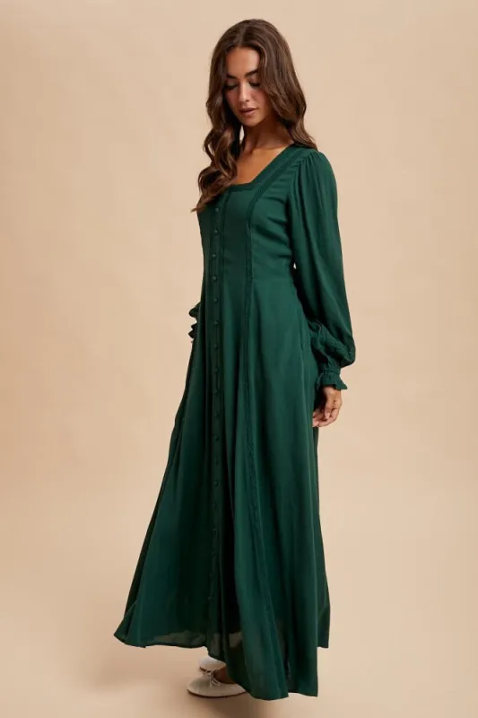 Forest Green Lace Detail Button Down Maxi Dress sold by Pinkblush