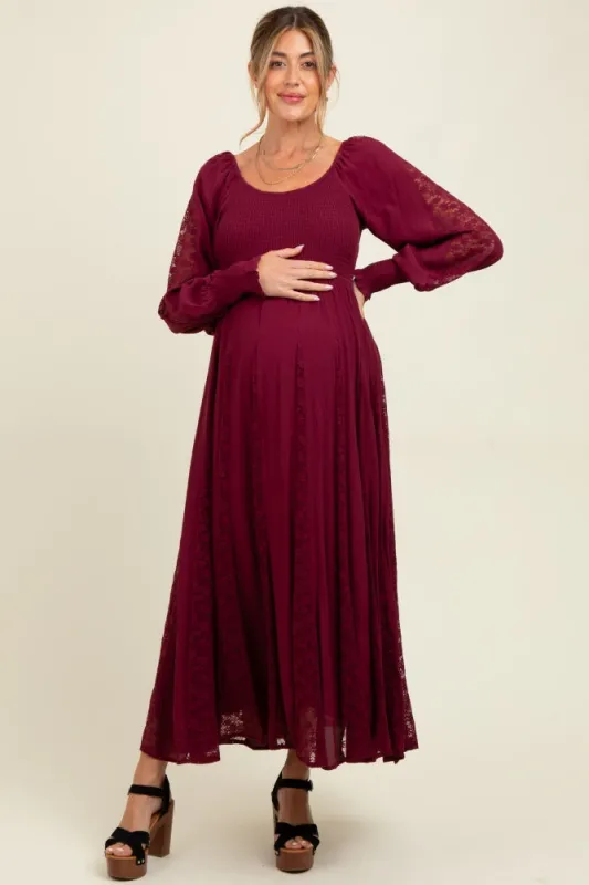 Burgundy Lace Inset Smocked Maternity Maxi Dress sold by Pinkblush