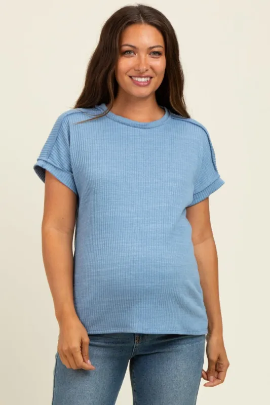 Blue Ribbed Exposed Seam Short Sleeve Maternity Top sold by Pinkblush