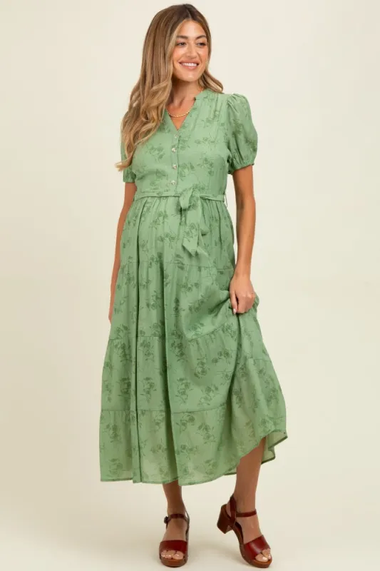 Green Floral Button Front Tiered Maternity Midi Dress sold by Pinkblush