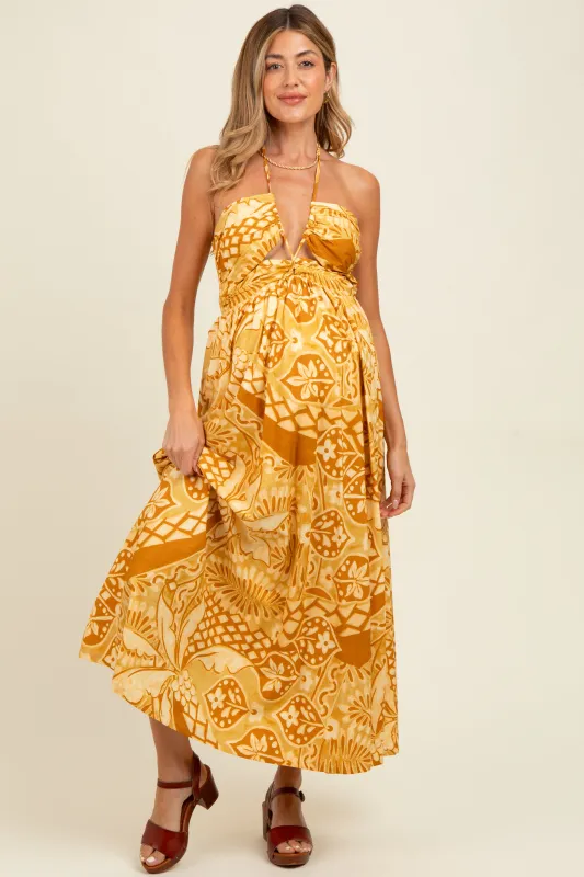 Yellow Printed Cutout Halter Maternity Maxi Dress sold by Pinkblush