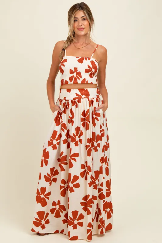 Rust Floral Smocked Top With Maxi Skirt Maternity Set sold by Pinkblush
