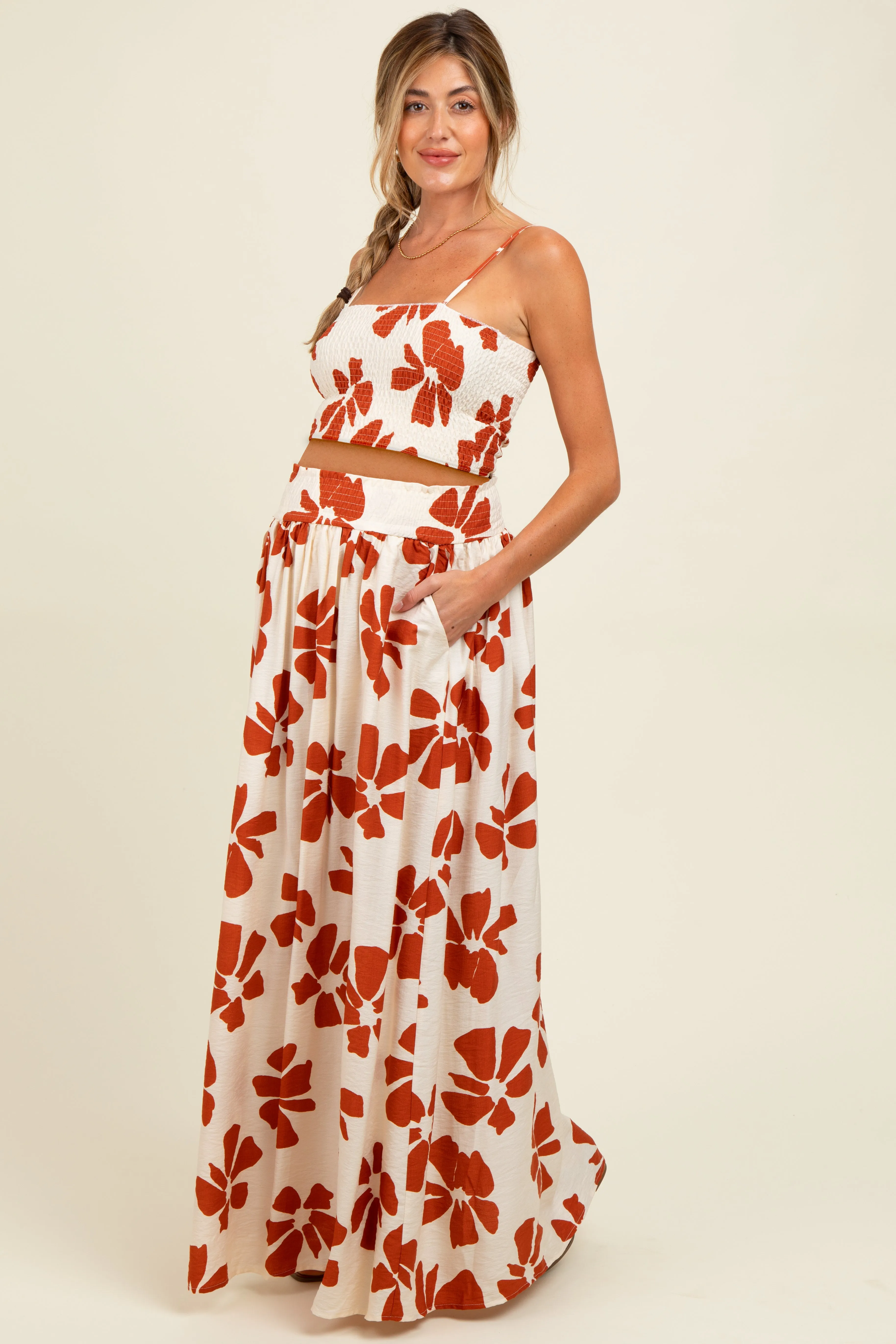 Rust Floral Smocked Top With Maxi Skirt Maternity Set sold by Pinkblush product image thumbnail 2