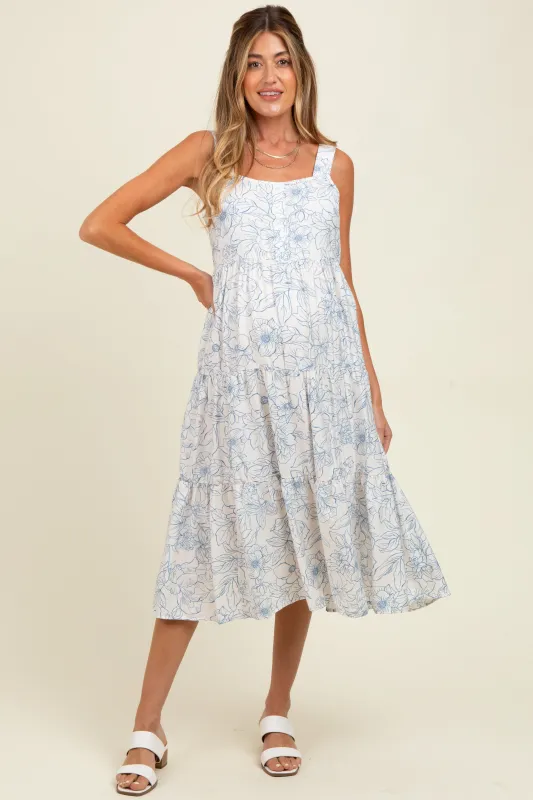 Blue Floral Tiered Sleeveless Maternity Midi Dress sold by Pinkblush