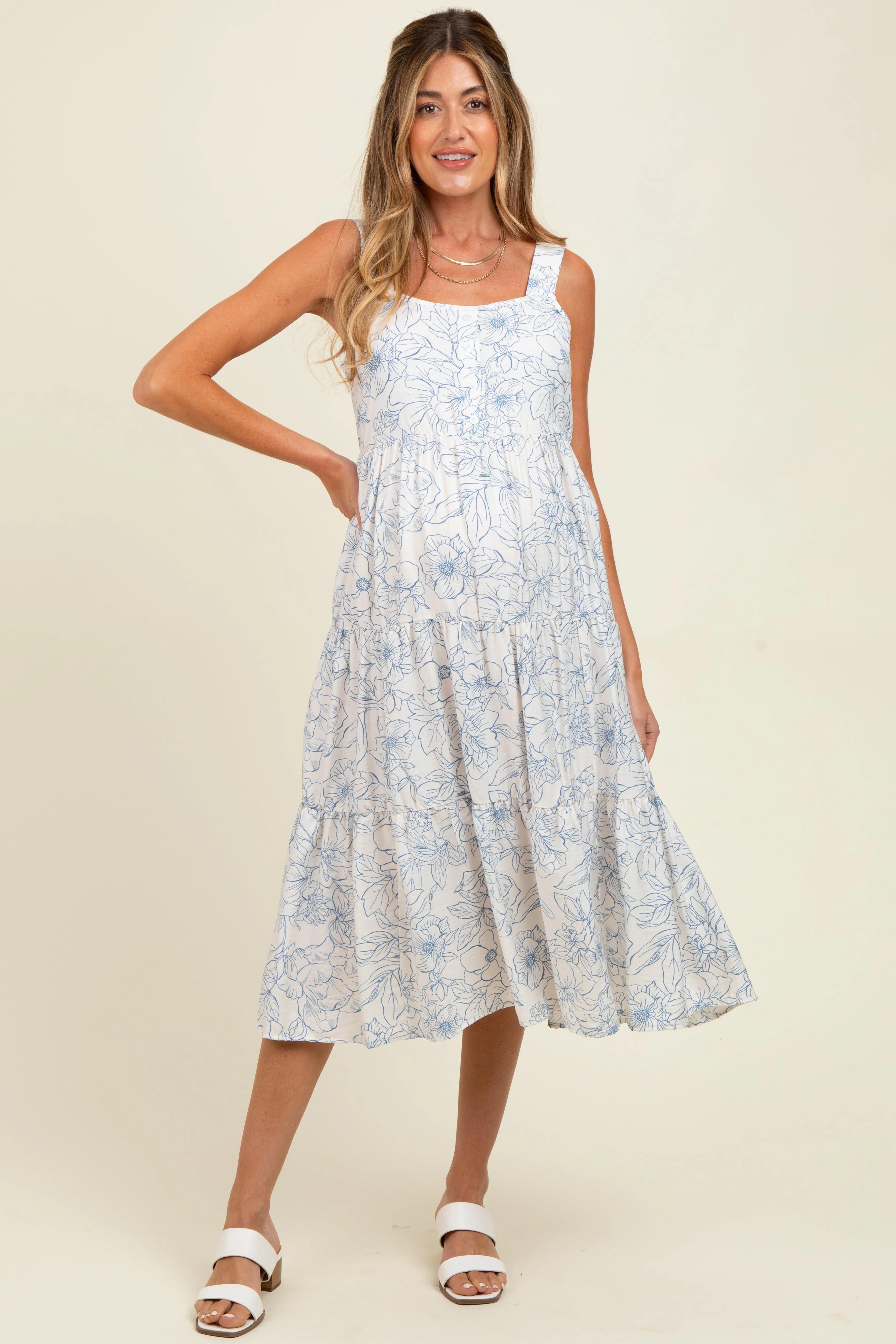 Blue Floral Tiered Sleeveless Maternity Midi Dress sold by Pinkblush