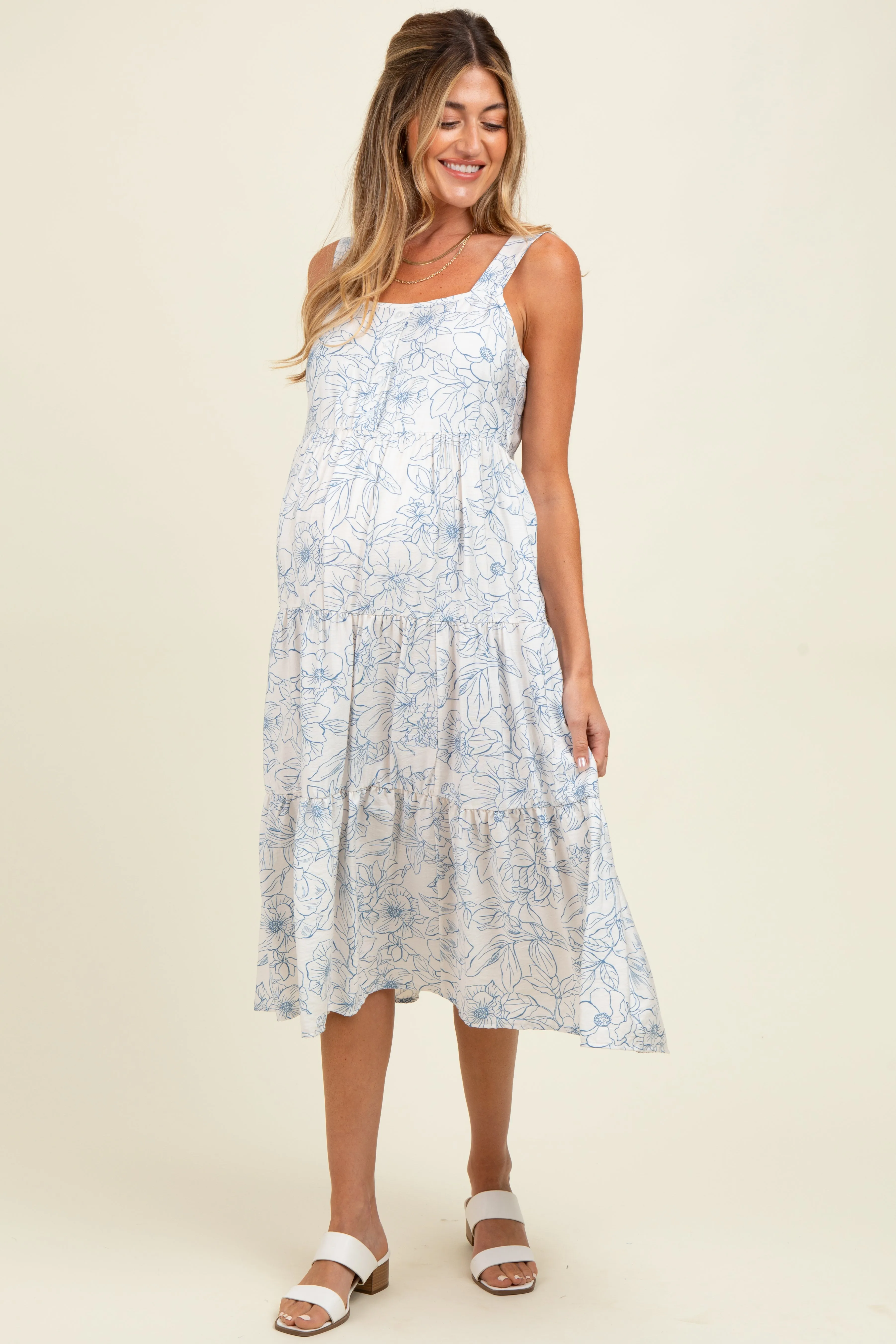 Blue Floral Tiered Sleeveless Maternity Midi Dress sold by Pinkblush product image thumbnail 2