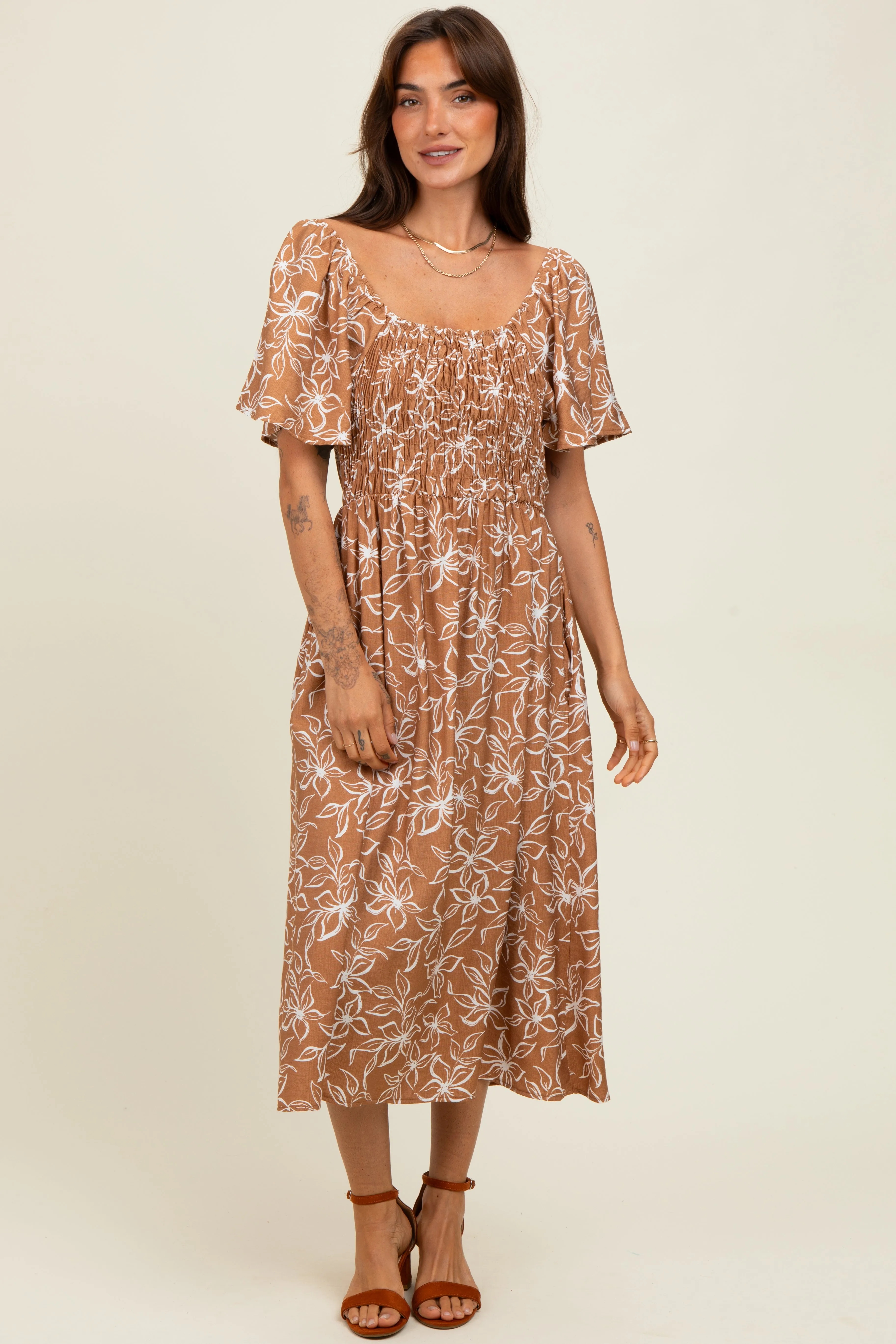 Mocha Floral Print Maternity Midi Dress sold by Pinkblush