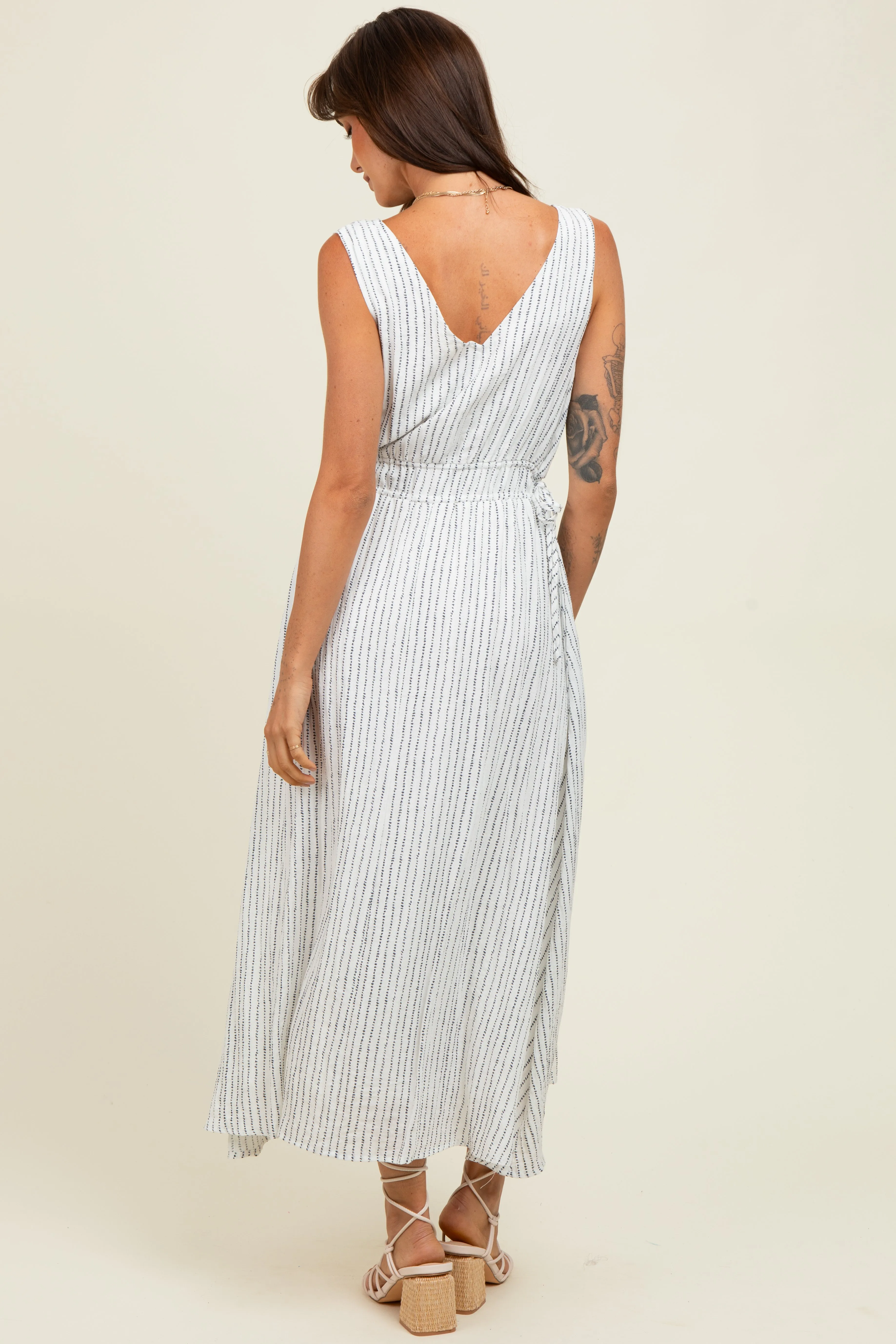 Ivory Dotted Stripe Side Tie Sleeveless Midi Dress sold by Pinkblush product image thumbnail 4