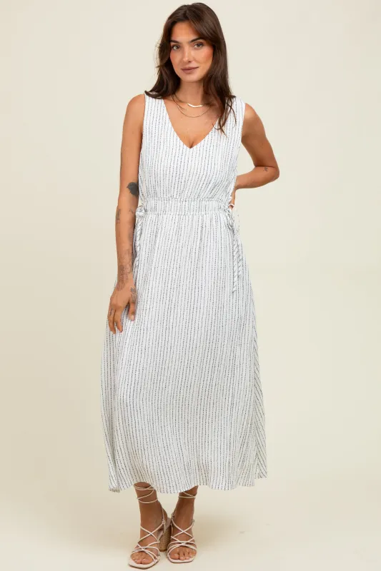 Ivory Dotted Stripe Side Tie Sleeveless Midi Dress sold by Pinkblush