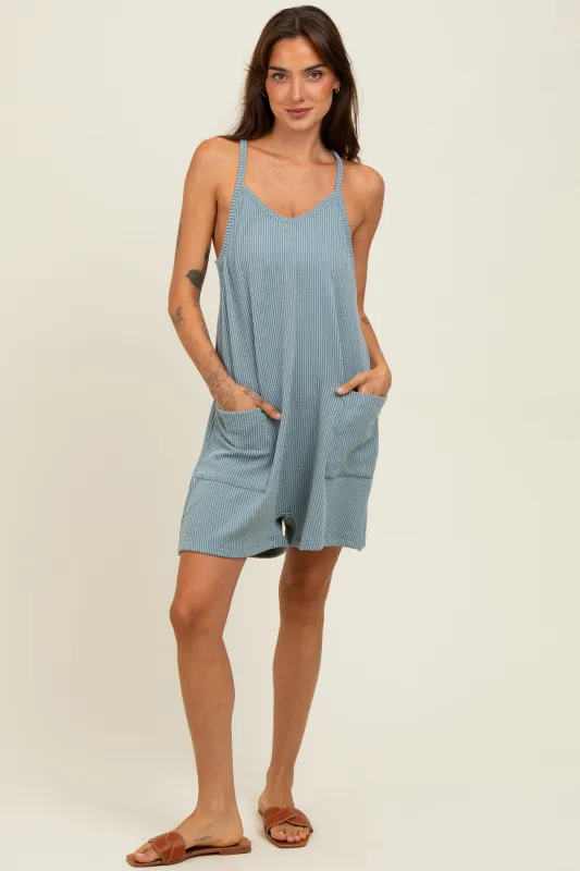 Light Blue Solid Ribbed V-Neck Sleeveless Front Pocket Romper sold by Pinkblush