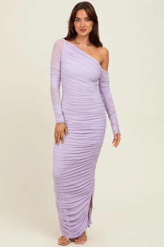 Lavender Ruched Mesh One Shoulder Long Sleeve Maxi Dress sold by Pinkblush