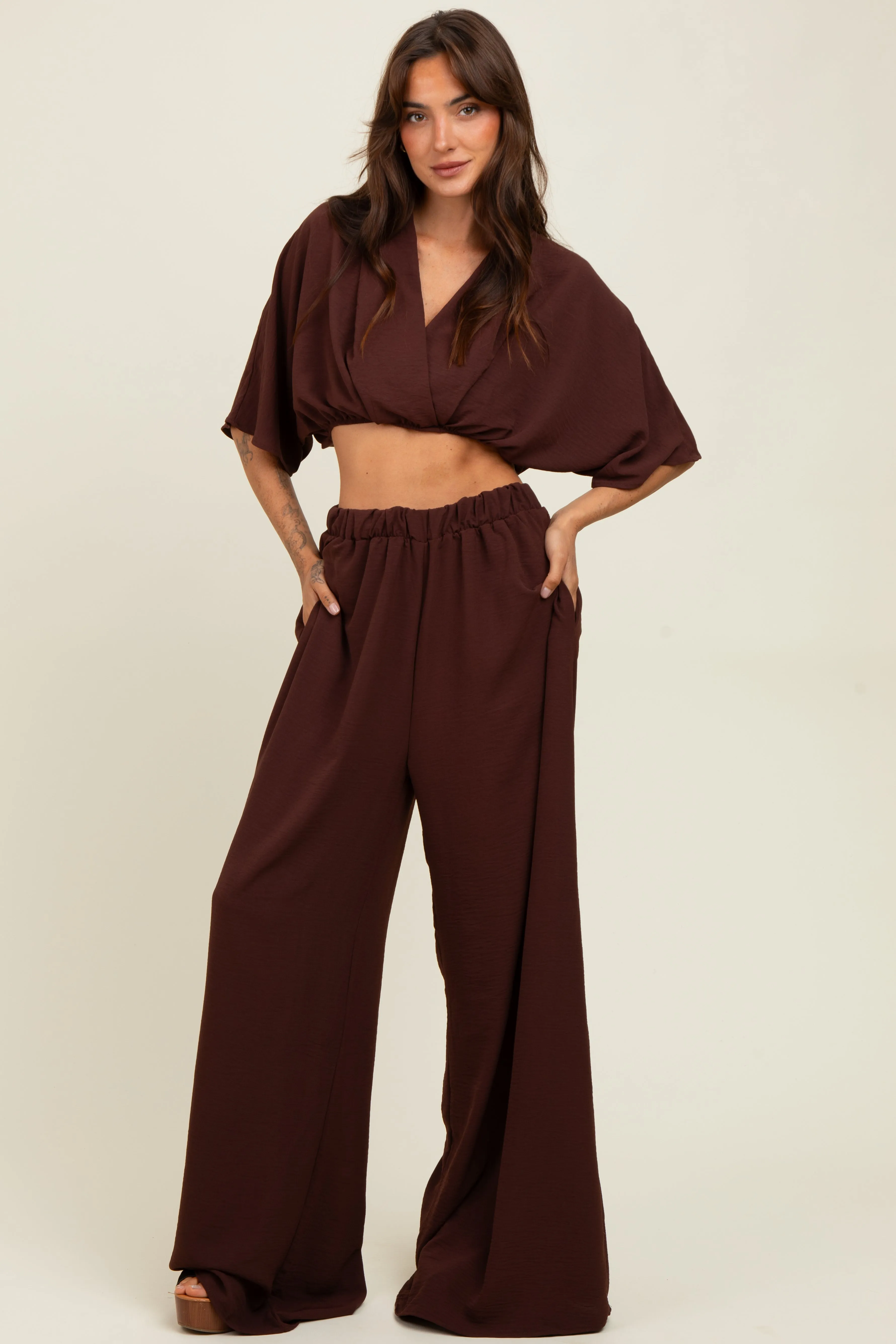 Brown Crop Blouse Wide Leg Pant Set sold by Pinkblush product image thumbnail 4