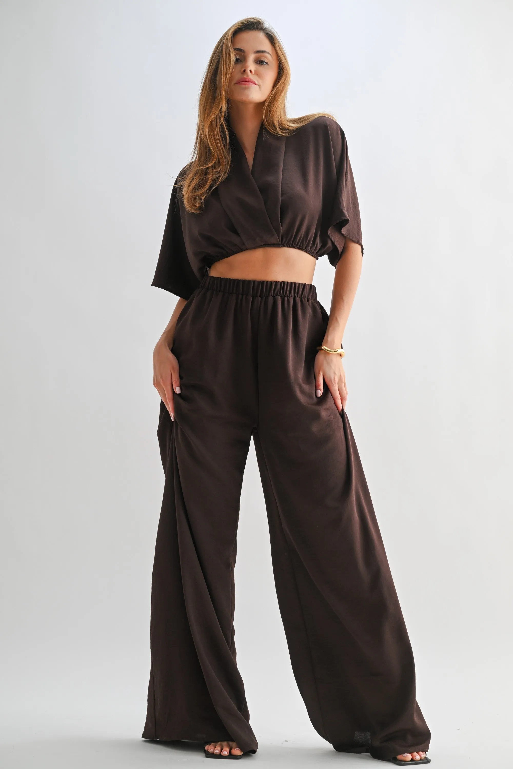 Brown Crop Blouse Wide Leg Pant Set sold by Pinkblush