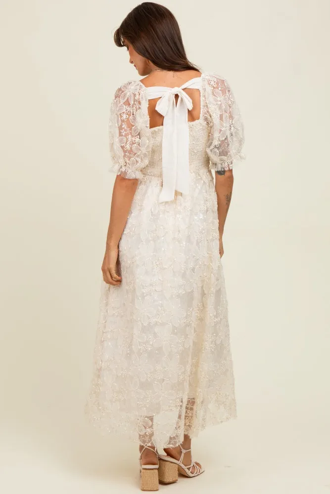 Cream Floral Mesh Overlay Tie Back Midi Dress sold by Pinkblush product image thumbnail 4