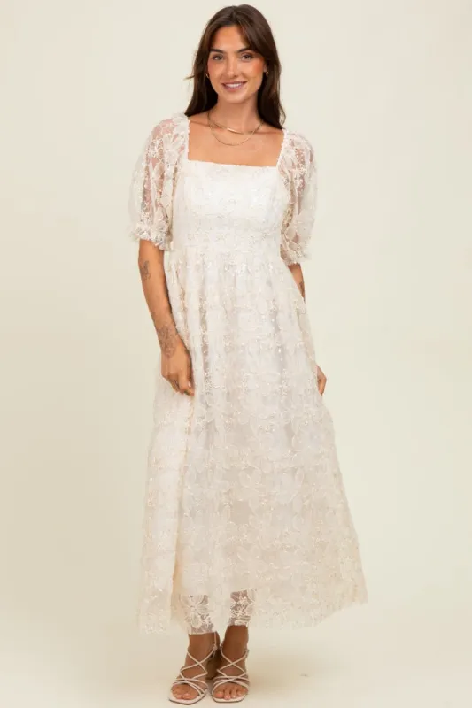 Cream Floral Mesh Overlay Tie Back Midi Dress sold by Pinkblush