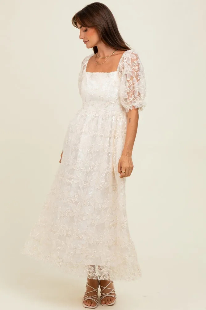 Cream Floral Mesh Overlay Tie Back Midi Dress sold by Pinkblush product image thumbnail 2