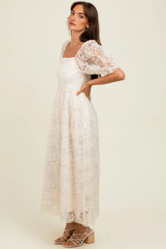 Cream Floral Mesh Overlay Tie Back Midi Dress sold by Pinkblush product image thumbnail 3