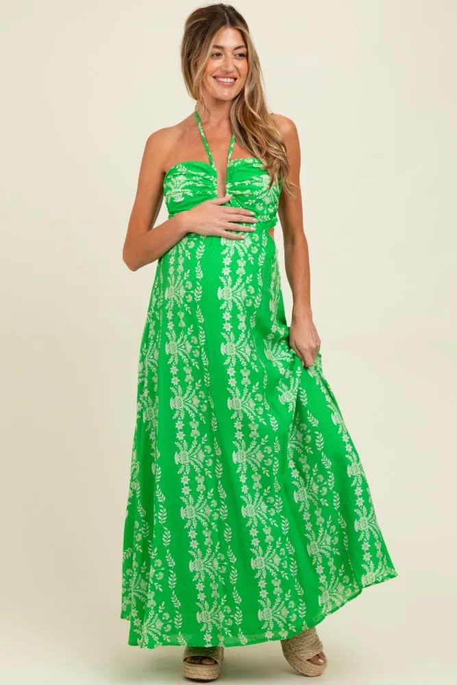 Green Floral Halter Tie Back Cutout Maternity Maxi Dress sold by Pinkblush