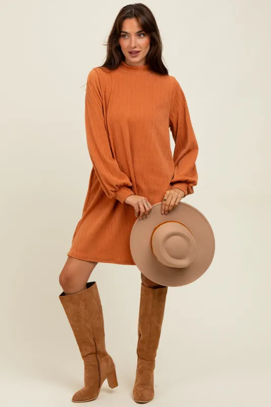 Camel Ribbed Mock Neck Bubble Sleeve Dress sold by Pinkblush