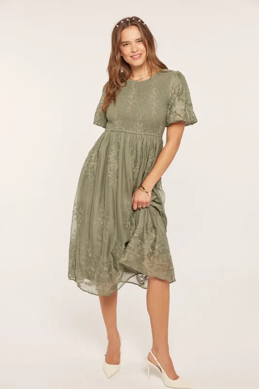 Light Olive Floral Lace Smocked Midi Dress sold by Pinkblush
