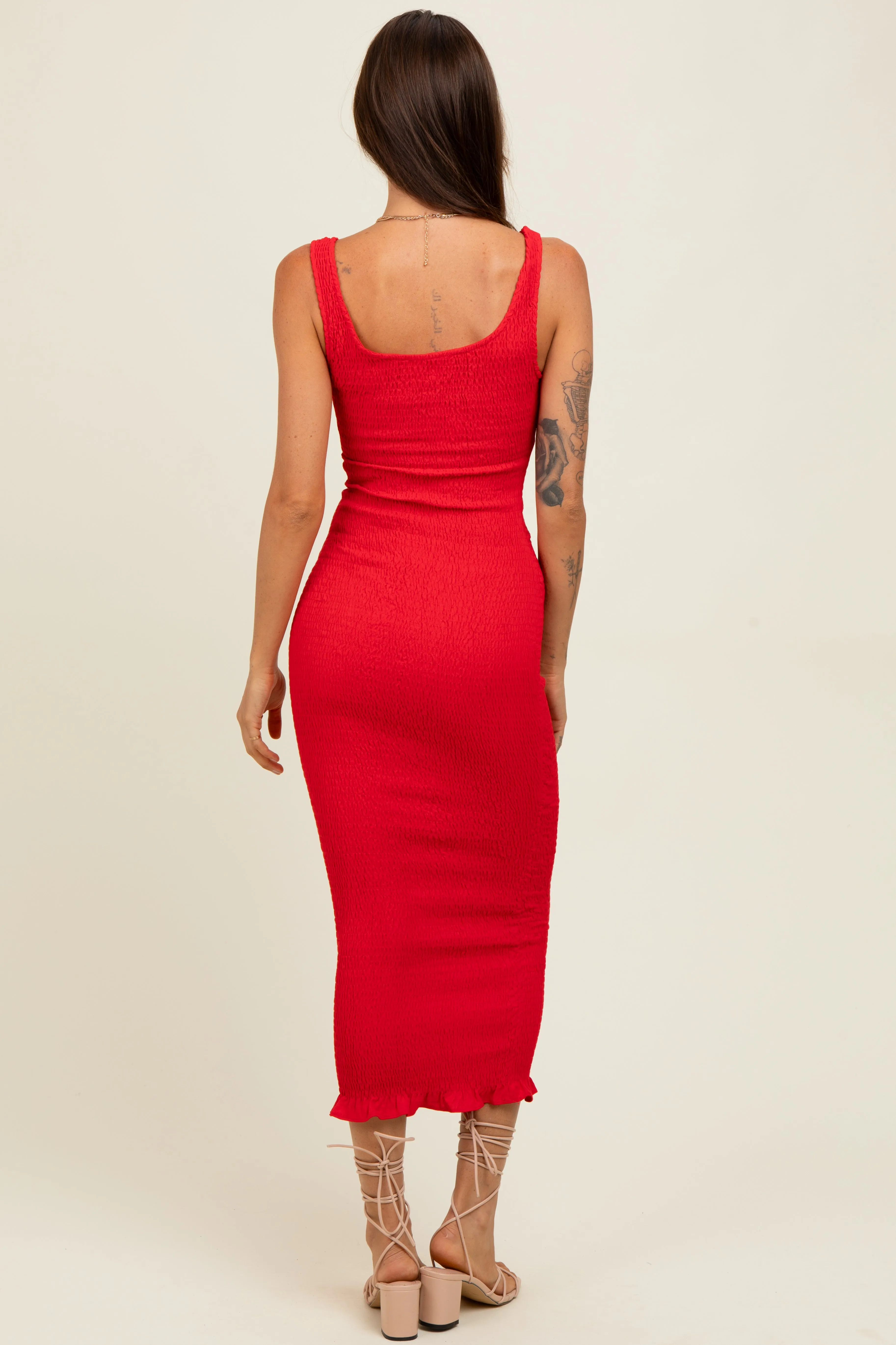 Red Smocked Sleeveless Ruffle Hem Fitted Dress sold by Pinkblush product image thumbnail 3