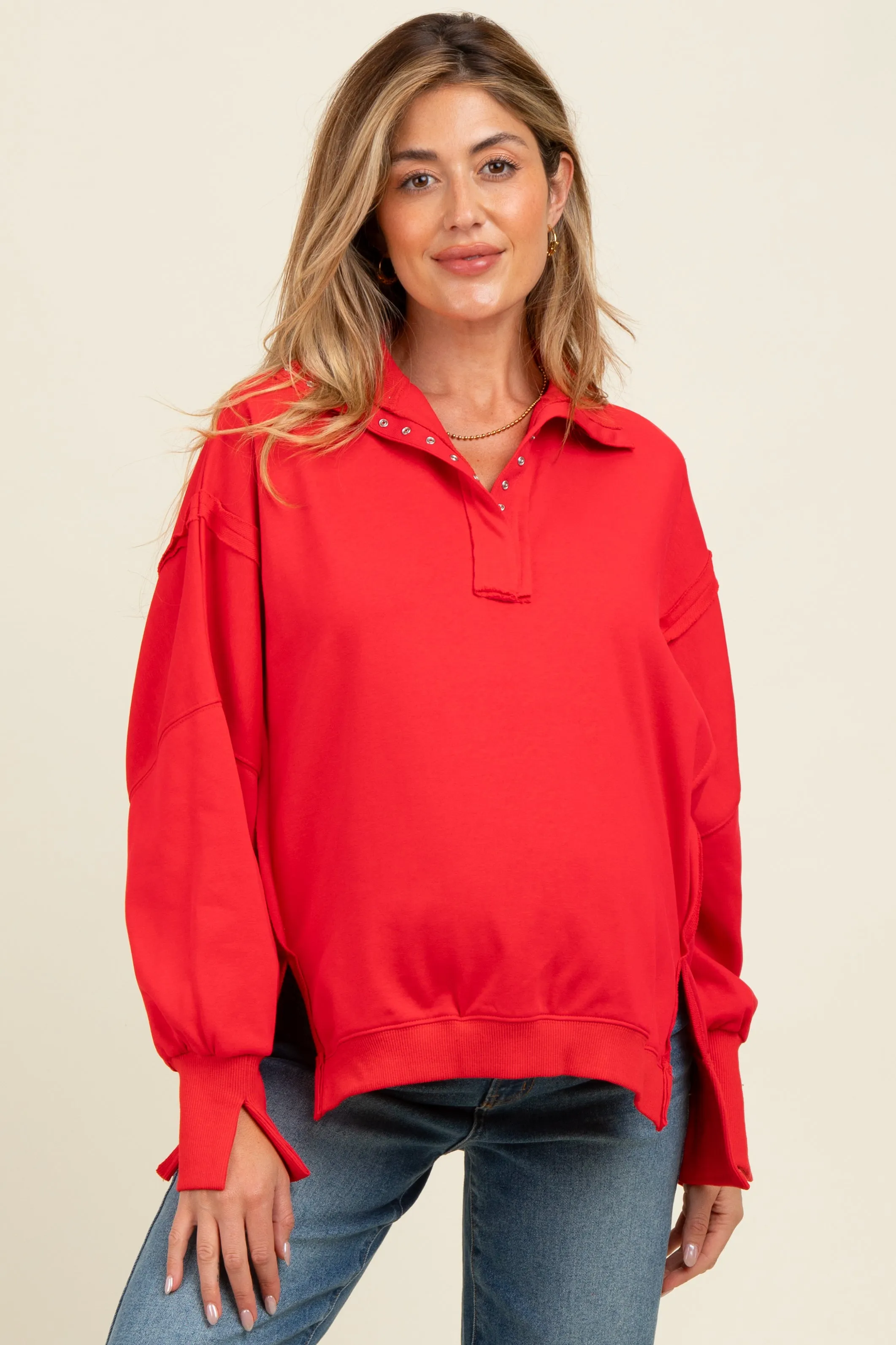 Red Snap Button Pullover Henley Maternity Sweatshirt sold by Pinkblush