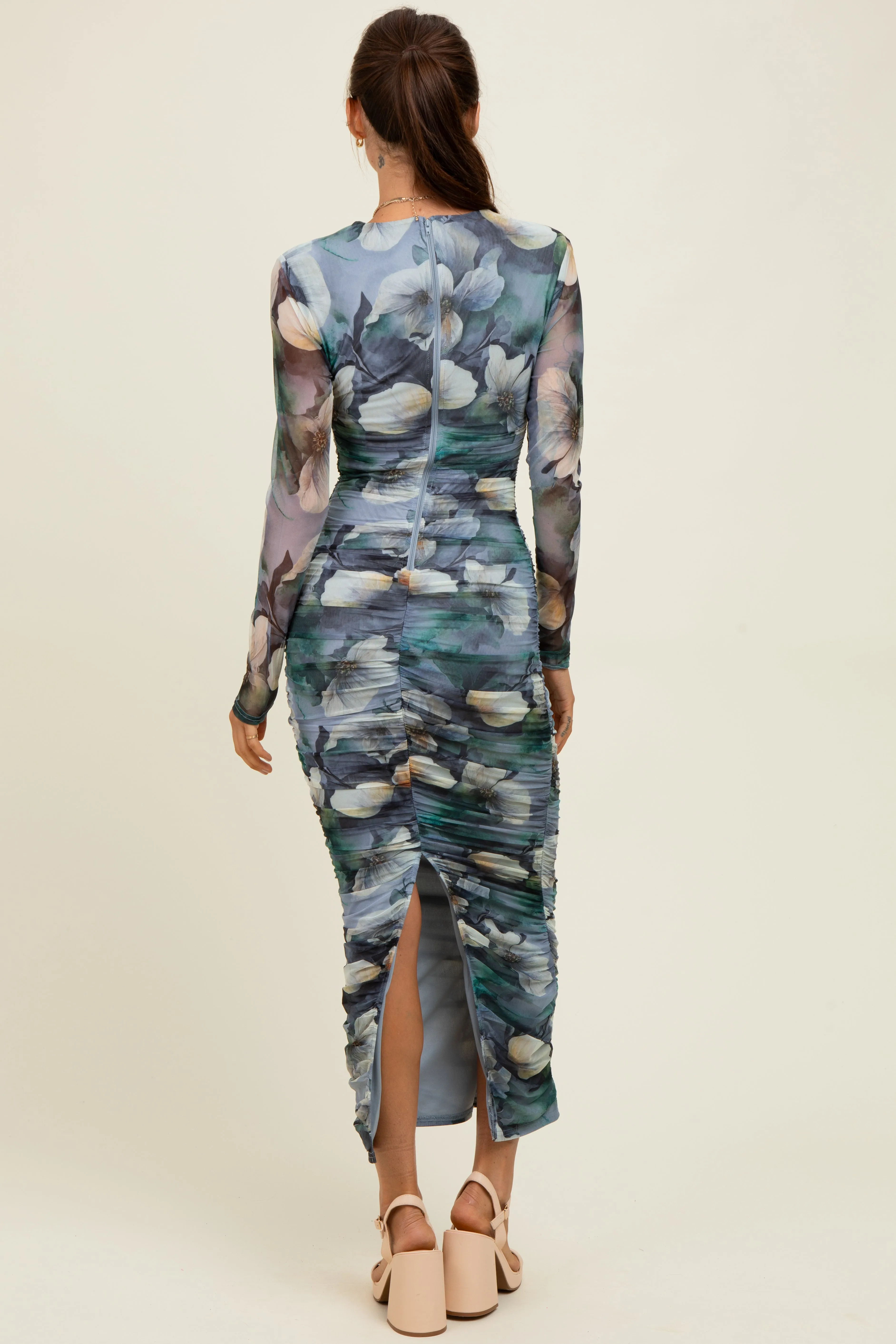 Blue Floral Mesh Overlay Ruched Midi Dress sold by Pinkblush product image thumbnail 4