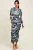 Blue Floral Mesh Overlay Ruched Midi Dress sold by Pinkblush
