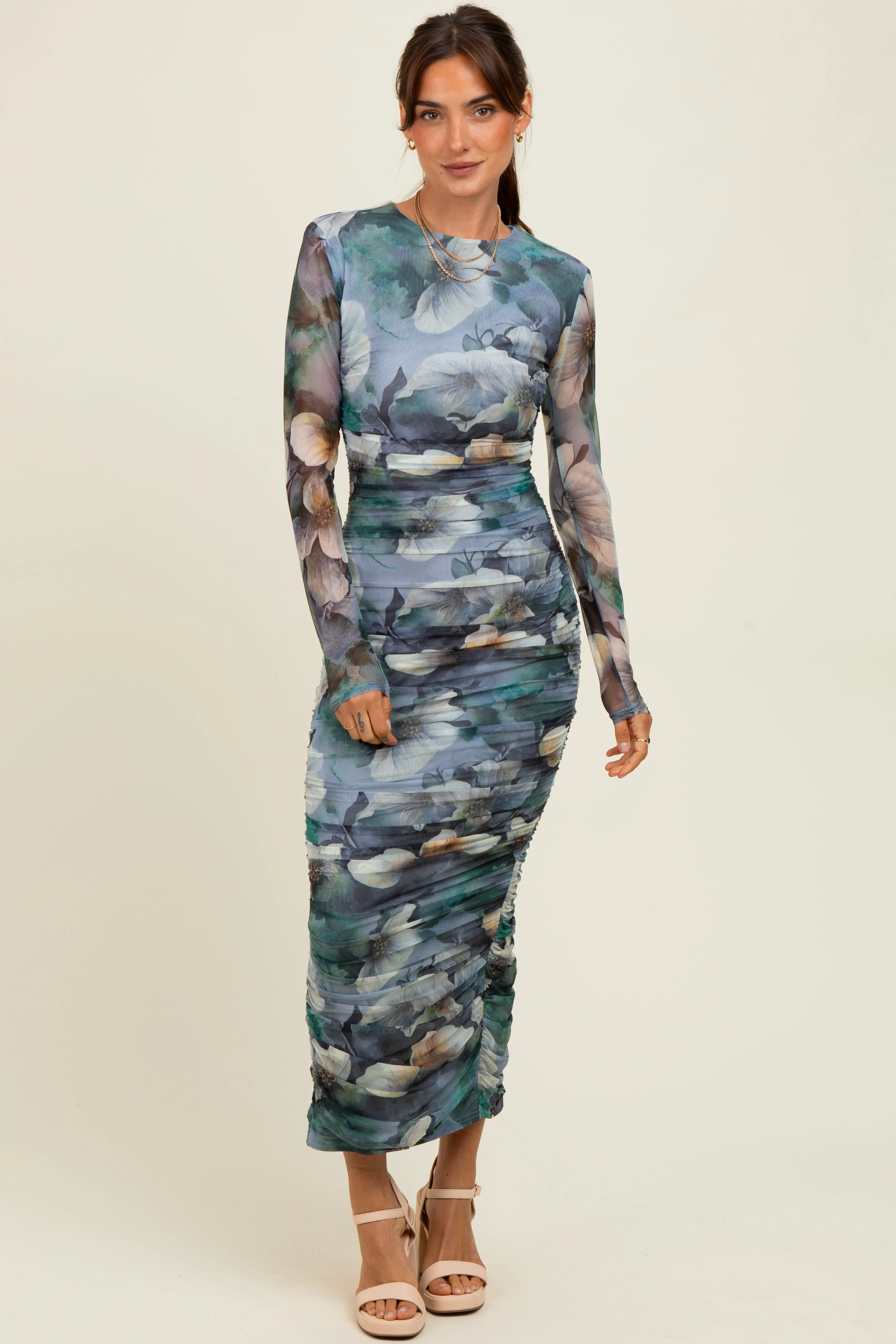 Blue Floral Mesh Overlay Ruched Midi Dress sold by Pinkblush product image thumbnail 2