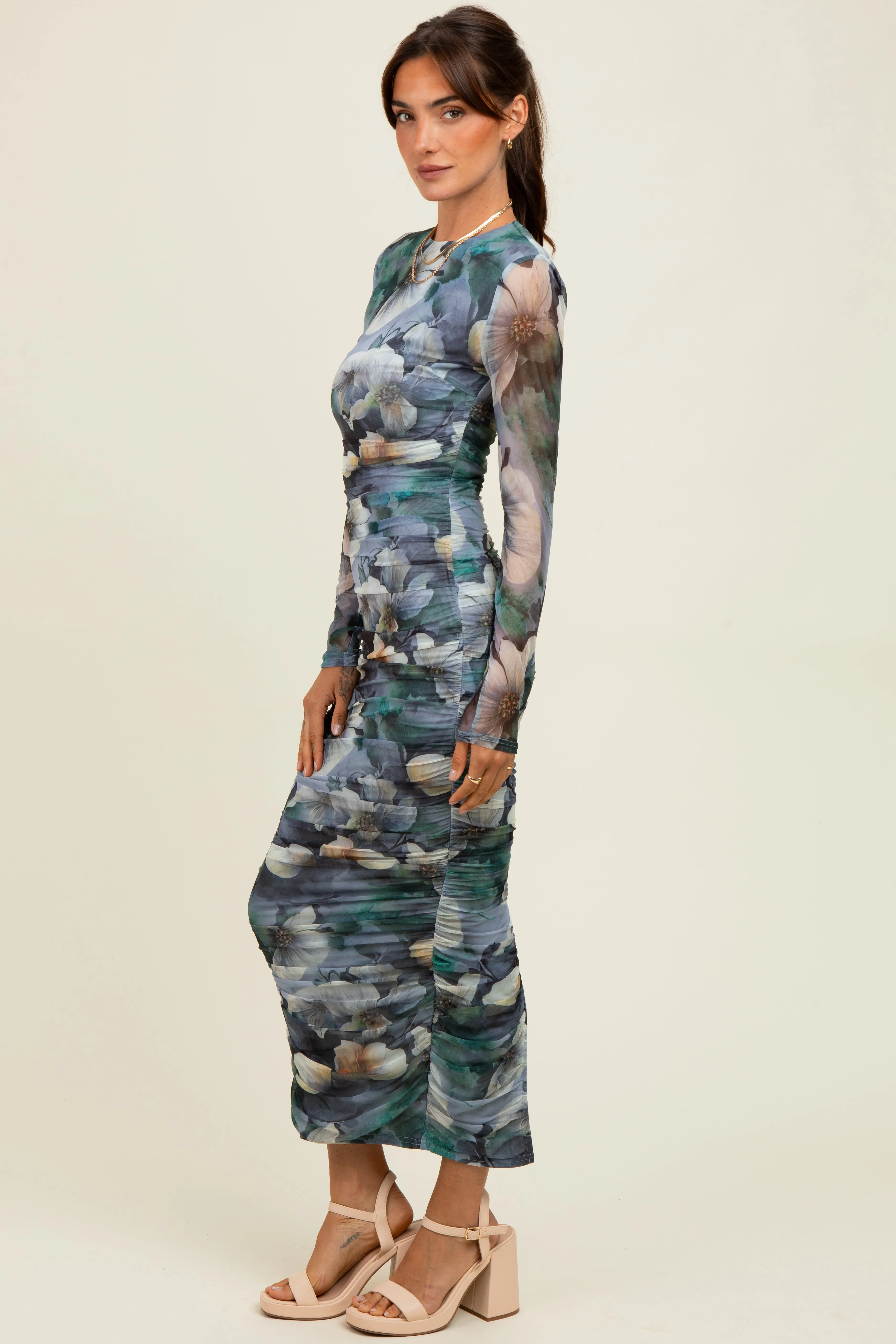 Blue Floral Mesh Overlay Ruched Midi Dress sold by Pinkblush product image thumbnail 3