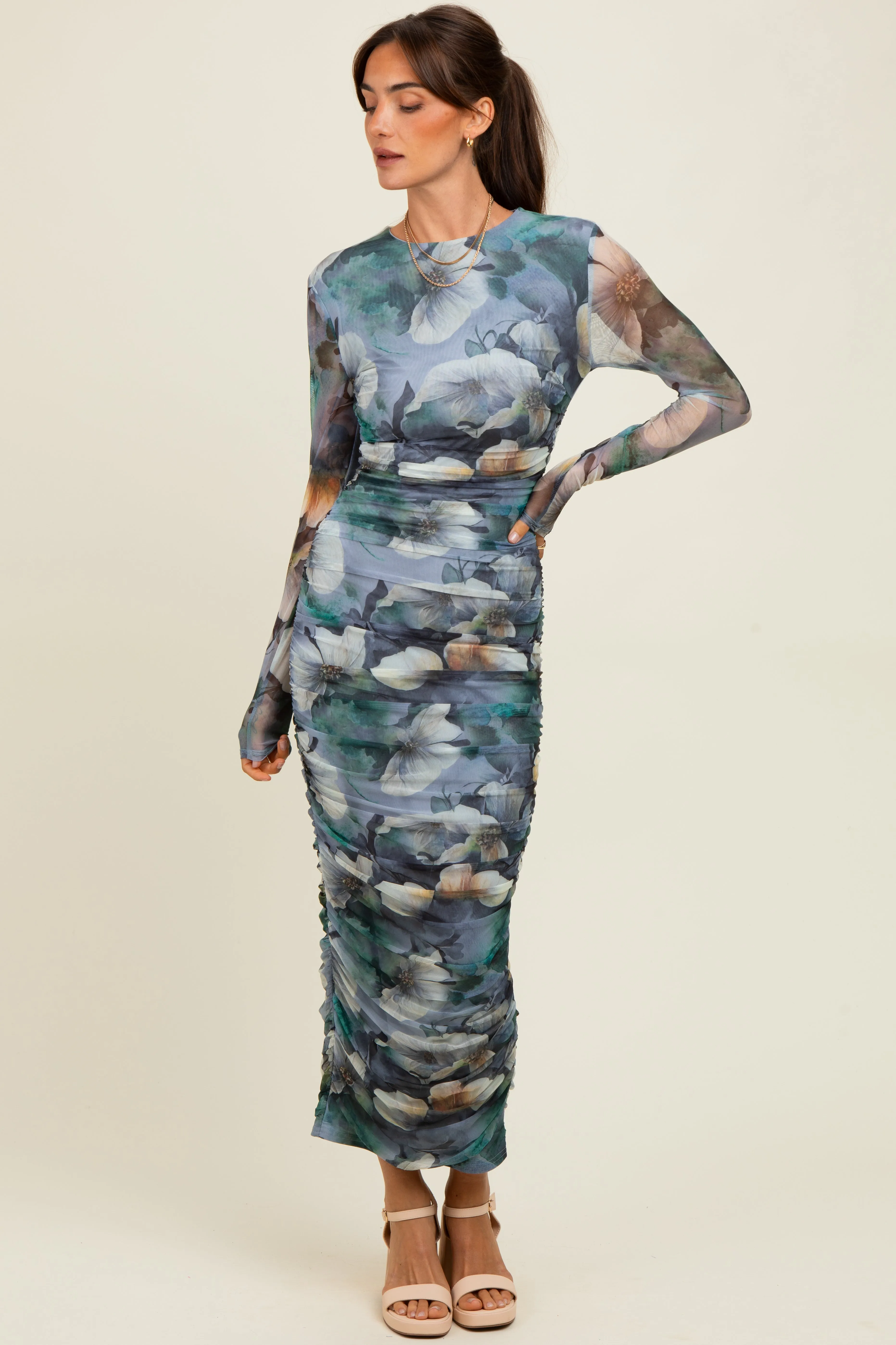 Blue Floral Mesh Overlay Ruched Midi Dress sold by Pinkblush