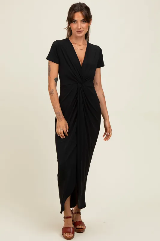 Black Gathered Front Short Sleeve Maxi Dress sold by Pinkblush