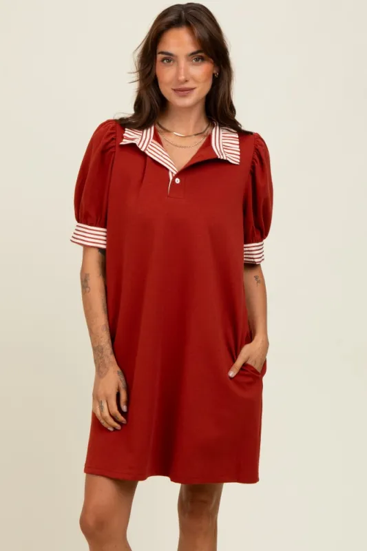 Rust Mock Neck Contrast Striped Trim Mini Dress sold by Pinkblush