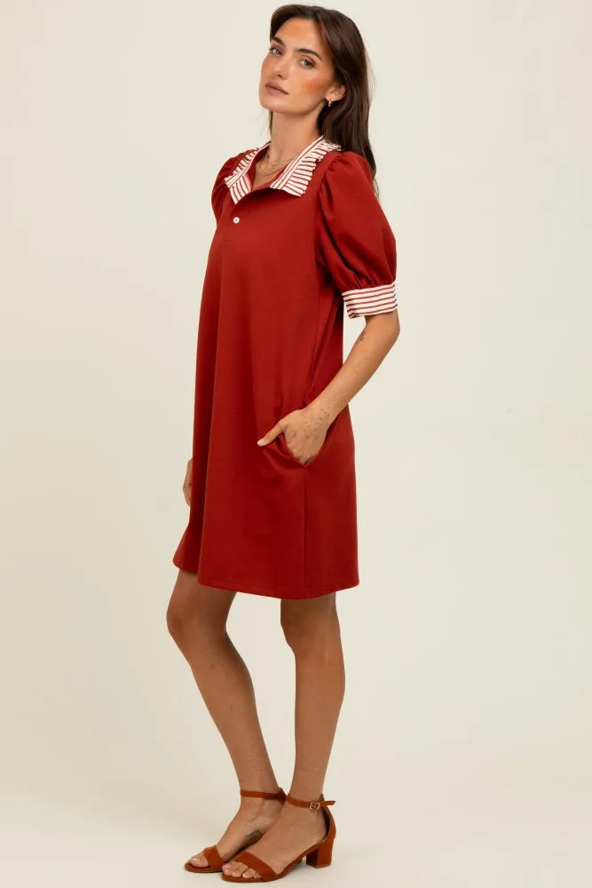 Rust Mock Neck Contrast Striped Trim Mini Dress sold by Pinkblush product image thumbnail 3