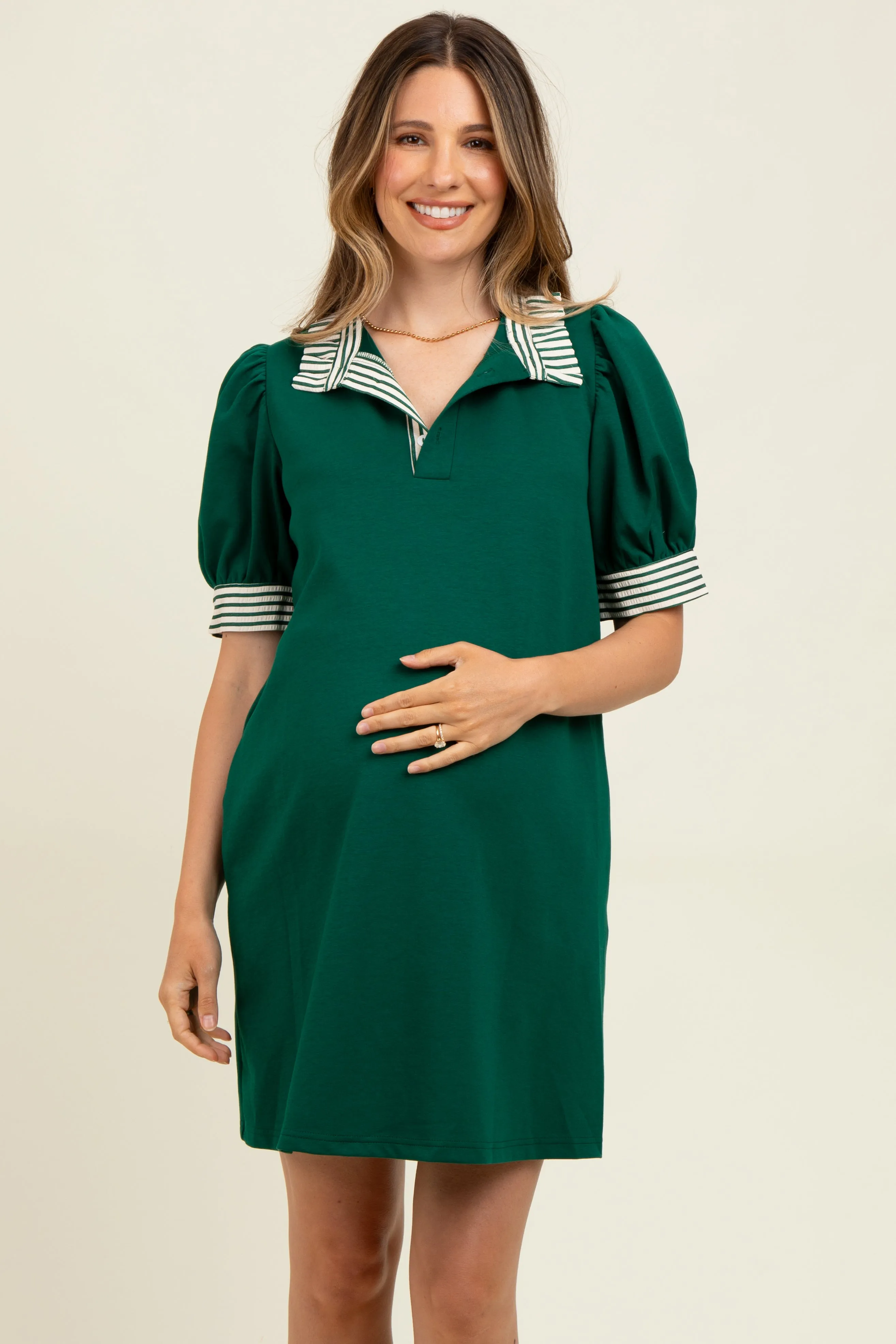 Forest Green Mock Neck Contrast Striped Trim Maternity Mini Dress sold by Pinkblush