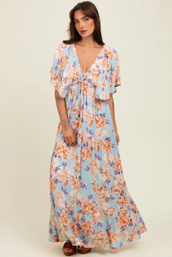 Light Blue Floral Flyway Sleeve V-Neck Tiered Maternity Maxi Dress sold by Pinkblush product image thumbnail 5